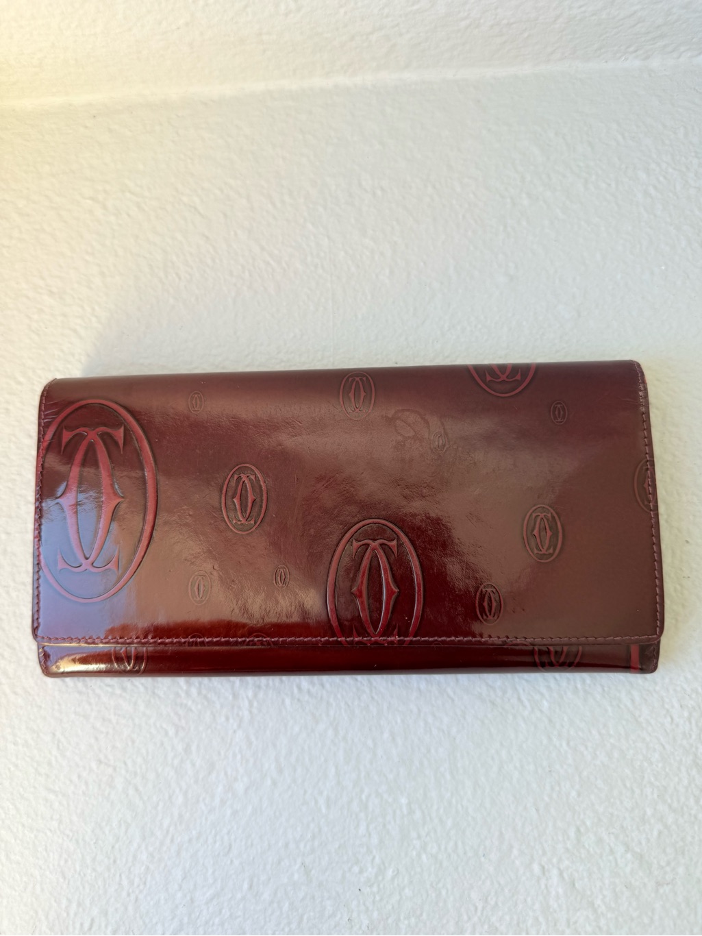 Authentic Vintage Cartier Happy Birthday Long Wallet Burgundy Patent Leather